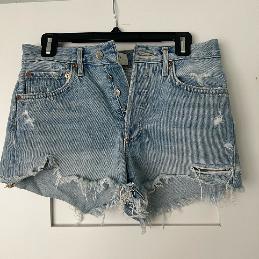 Agolde Frayed Hem Light Blue Jean Shorts